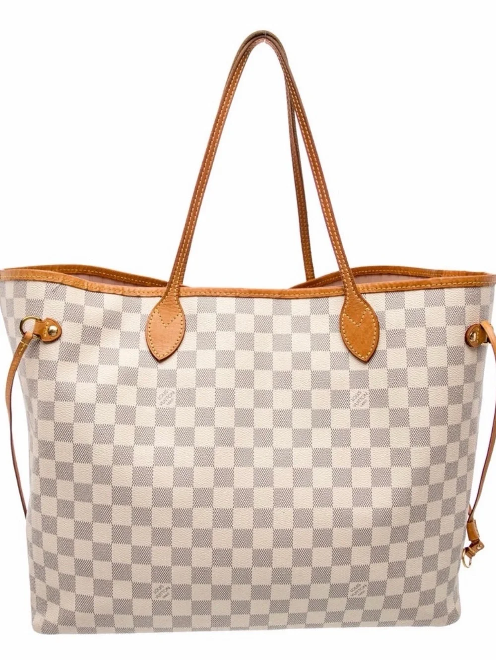 Louis Vuitton LV Neverfull MM tote is crafted from white and blue Damier Azur